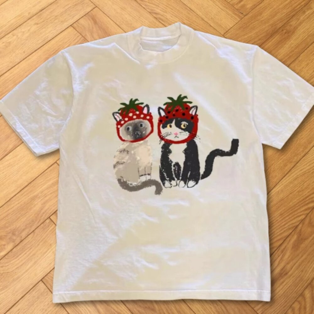 White Cute Strawberry Cat Graphic T-Shirt Kawaii Cat Illustration Tee